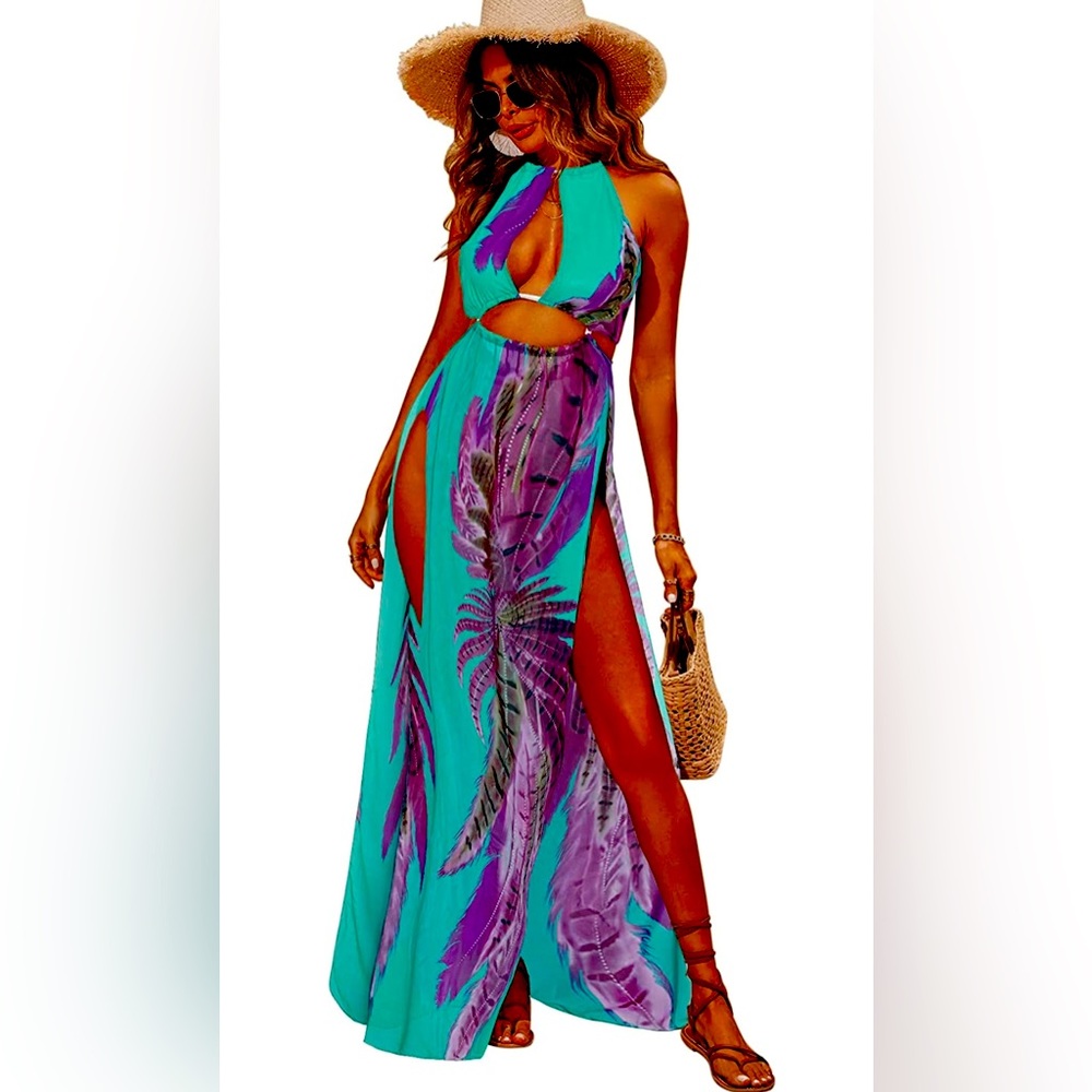 BIUBIU Women's Sexy Floral Halter Split Cover Up Swimsuit Maxi Dress Size XL.